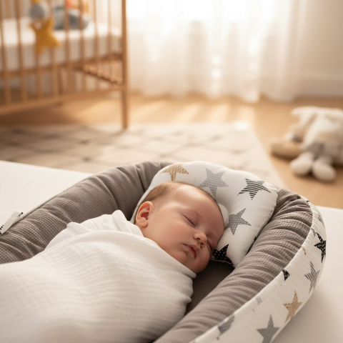 Bébé dormant dans un nid de bébé gris étoilé matelassé avec oreiller