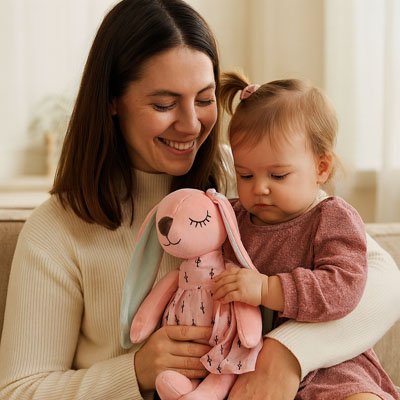 Bébé avec sa mère tenant Peluche lapin rose
