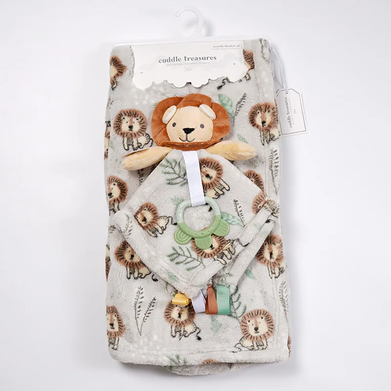Couverture en polaire bébé avec doudou lion
