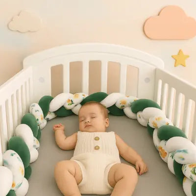 Bébé endormi dans un lit avec tresse de lit 3M multicolore