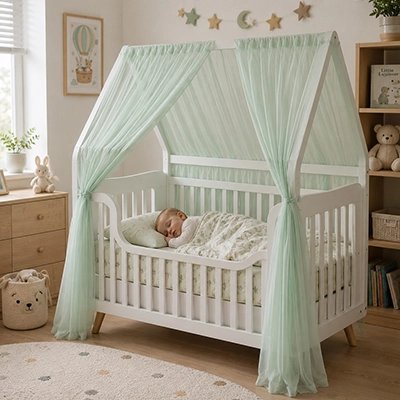 Ciel de lit enfant style cabane vert