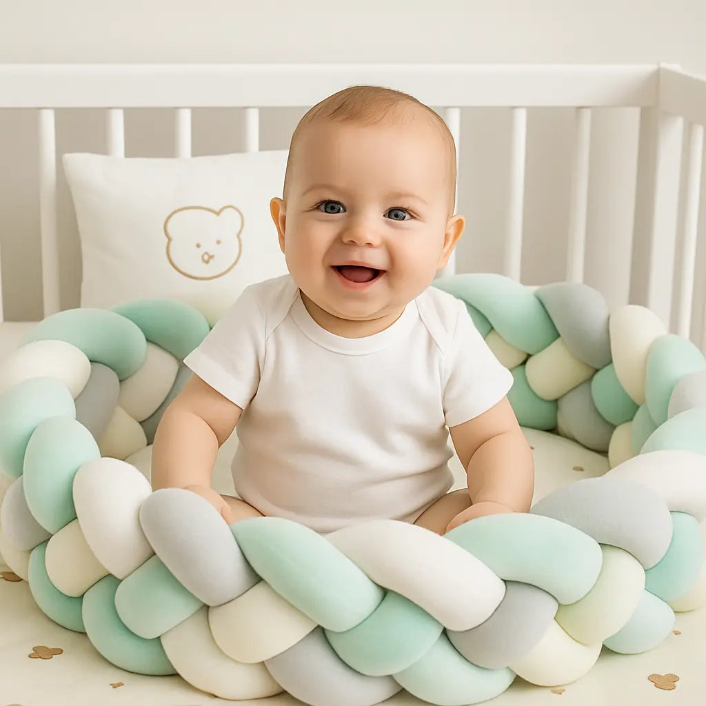 Tresse de lit bébé | 6 brins Vert menthe Bleu Vert Gris Blanc Jaune pâle Étoile de bébé