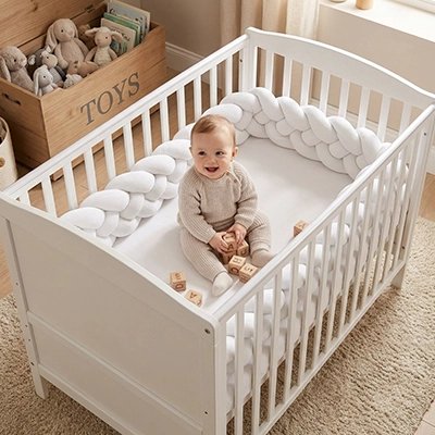 Lit bébé équipé d'un tour de lit tressé blanc