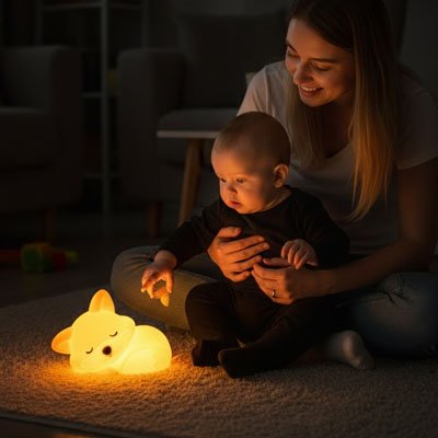 Maman et bébé regardant une veilleuse renard lumineuse