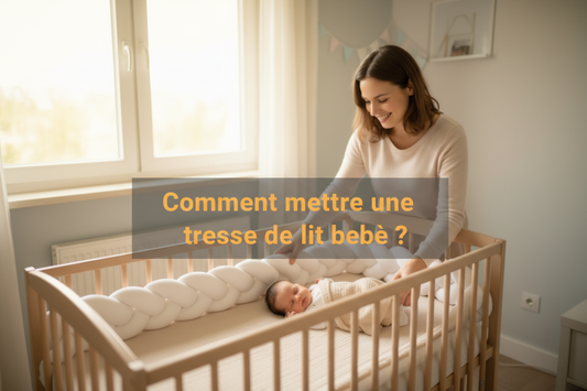 Maman installe une tresse de lit bébé blanche dans un berceau en bois