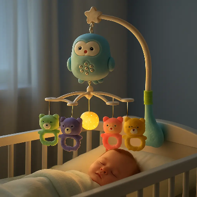 Bébé endormi sous un mobile musical et lumineux mélodies apaisantes et veilleuse intégrée.