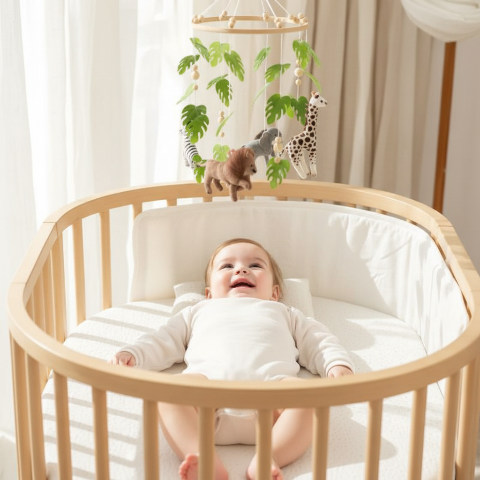 Bébé allongée qui regarde le mobile en bois bebe en feutre feutre et feuilles vertes  vertes 