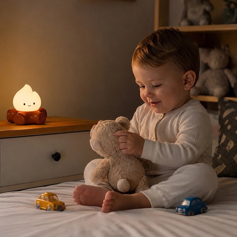 Bébé avec sa veilleuse bébé bruit blanc en silicone