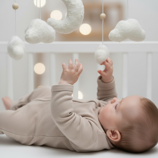 Bébé couché sous un mobile en feutre