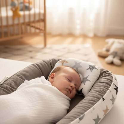 Bébé dormant dans un nid de bébé gris étoilé matelassé avec oreiller