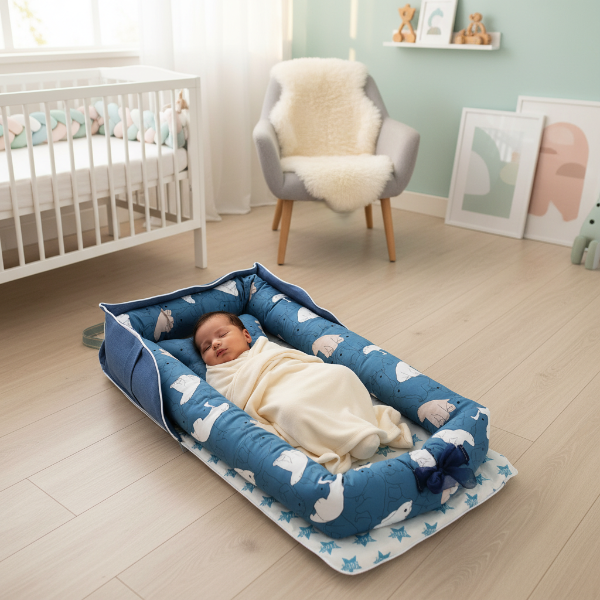 Bébé dort dans Réducteur de lit bébé bleu blanc 
