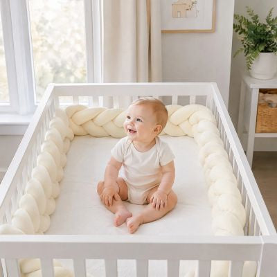 Bébé en moment d'éveil sur un tapis bordé par une tresse tour de lit ivoire