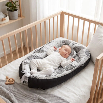 Bébé endormi dans Réducteur de lit respirant Feuilles Sauvages