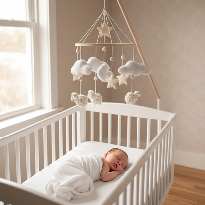Bébé endormi dans un mobile en bois au-dessus du lit