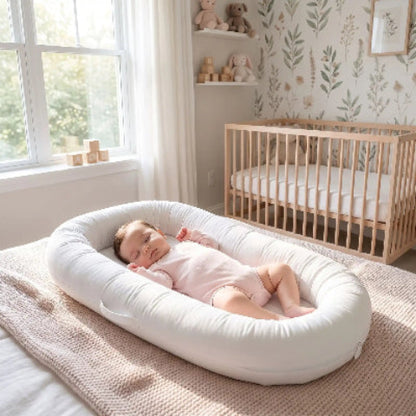 Bébé endormi dans un réducteur de lit bébé respirant blanc en maille nid d’abeille