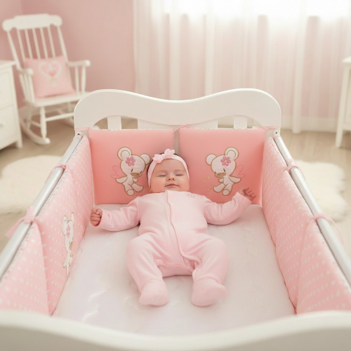 Bébé fille bien positionnée dans le lit avec un tour de lit bébé rose 