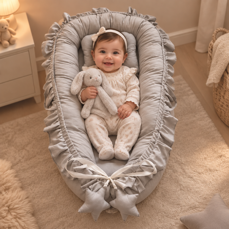 Bébé fille  dans un nid bébé gris à volants