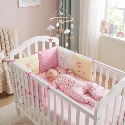 Bébé installé installé dans un lit avec tour de lit bébé rose 6 coussins 