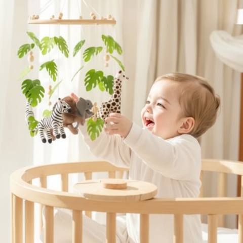Bébé jouant avec mobile en bois bebe animeux