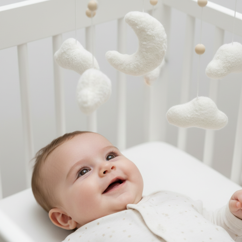 Bébé joue sous le mobiles bebe nuages
