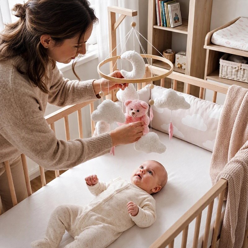 Bébé observant son mobile ourson lune et étoiles