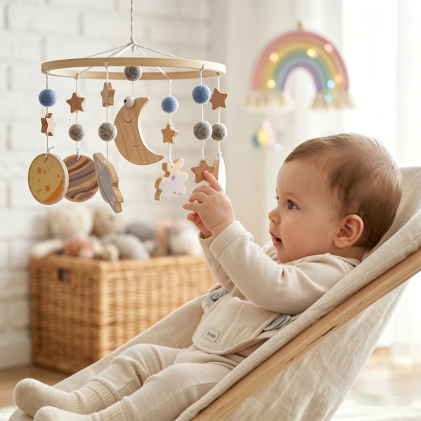 Bébé observant un mobile étoilé en bois naturel