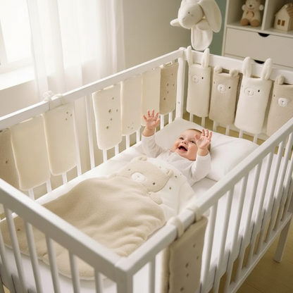 Bébé  qui joue dans le lit beige lapin 
