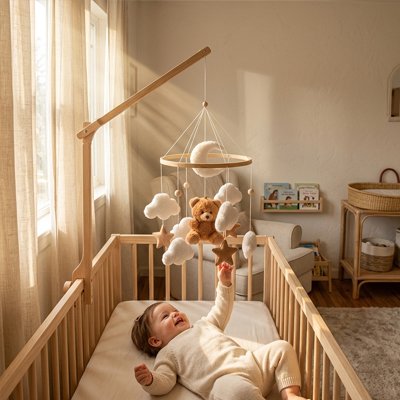 Bébé regardant un mobile étoilé dans une chambre lumineuse