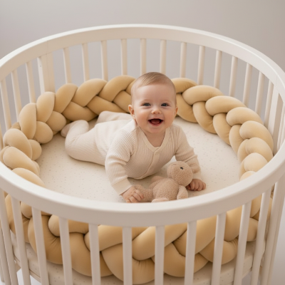 Bébé souriant dans son lit sécurisé par un tour de lit tressé couleur beige