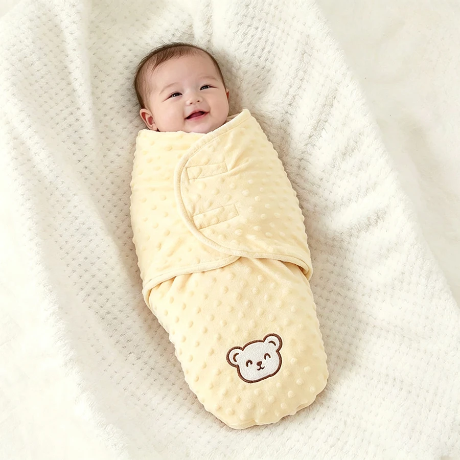 Bébé souriant emmailloté dans un nid d'ange bebe jaune 
