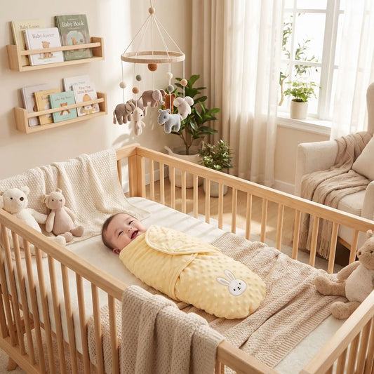 Bébé souriant emmailloté dans un nid d'ange minky jaune pâle avec broderie 