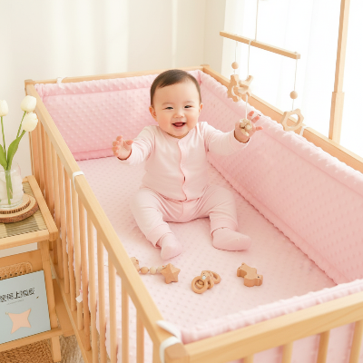 TBébé souriant en moment d'éveil dans son lit protégé par un tour de lit rembourré rose minky