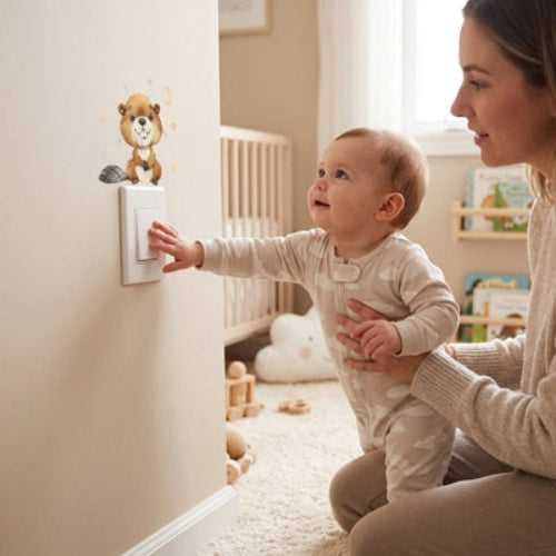 Bébé touche un sticker repositionnable chambre bébé sur l'interrupteur