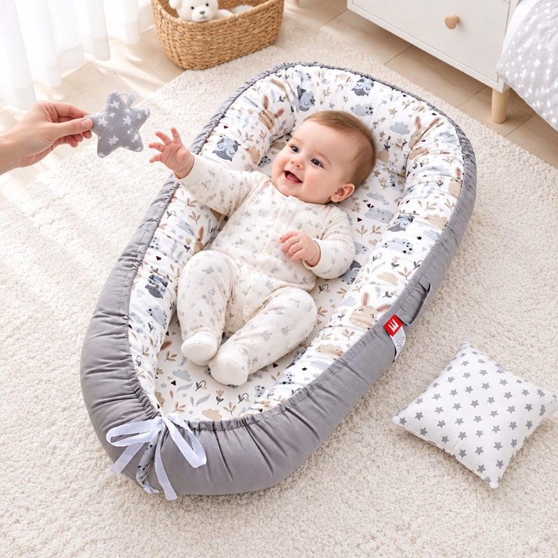Bébé éveillé jouant dans son cocon bébé hiboux et lapins