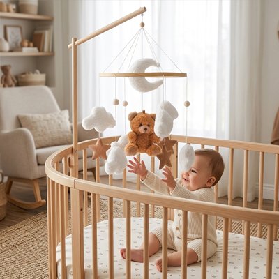 Bébé éveillé regardant un Mobile bébé étoile en bois  massif