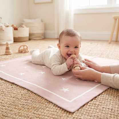 Bébé éveillé sur le ventre, sur une couverture coton bébé rose poudré