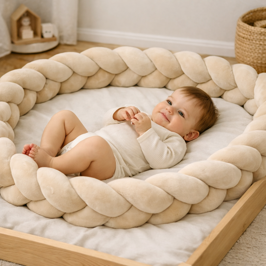 Bébé allongé dans un lit avec un tresse de lit 3m beige