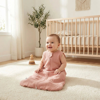 Bebe assis portant gigoteuse ete peche en coton de moussline bio