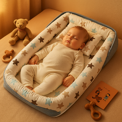Bébé endormi dans un réducteur de lit bébé en coton motif étoiles sécurisé et confortable