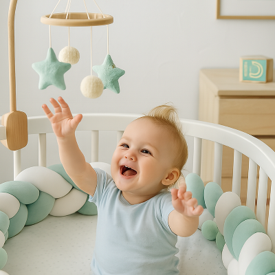 Bébé heureux jeu dans un lit avec une tresse de lit vert blanc