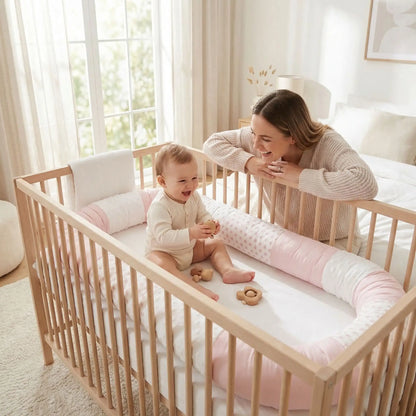 Bébé jouant avec sa maman dans un lit sécurisé avec tour de lit en coton et velours