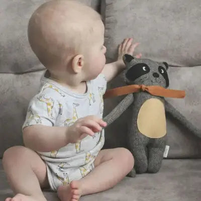 
Bébé joue avec un doudou en forme de Ratons laveurs
