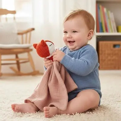 Bébé souriant tenant un doudou renard rose