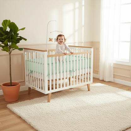 Chambre claire avec variante verte installée sur le lit bébé debout 