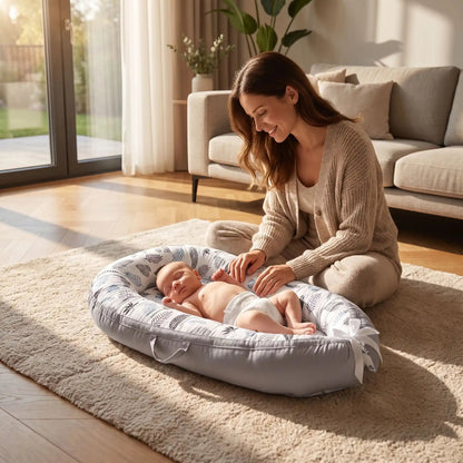 Cocon bébé au sol sur un tapis, maman près de bébé
