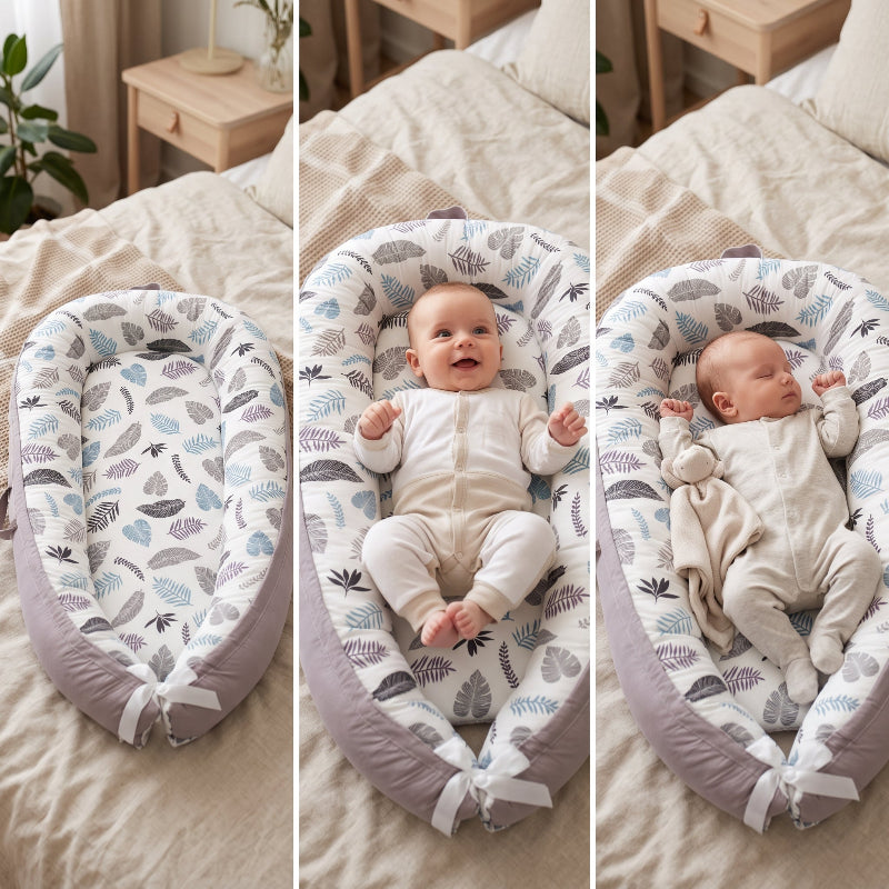 Cocon bébé à feuilles tropicales, bébé en trois positions dans son nid