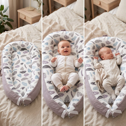 Cocon bébé à feuilles tropicales, bébé en trois positions dans son nid