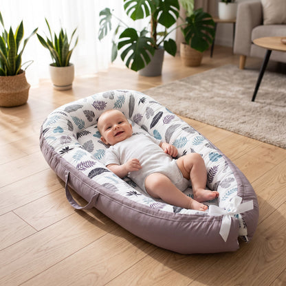 Cocon bébé à feuilles tropicales posé sur le parquet, bébé souriant