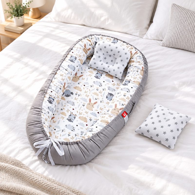 Cocon bébé hiboux et lapins vu d'ensemble, bordure grise et nœud blanc
