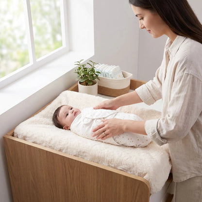 Cocon emmaillotage bébé blanc, maman qui installe bébé sur la table à langer
